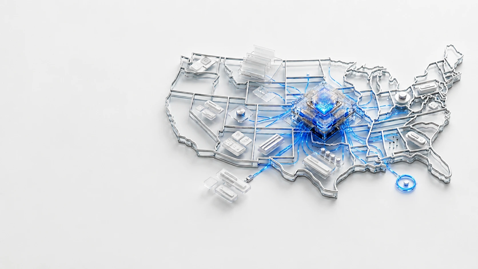 A connected United States AI infrastructure map representing secure, scalable AI delivery