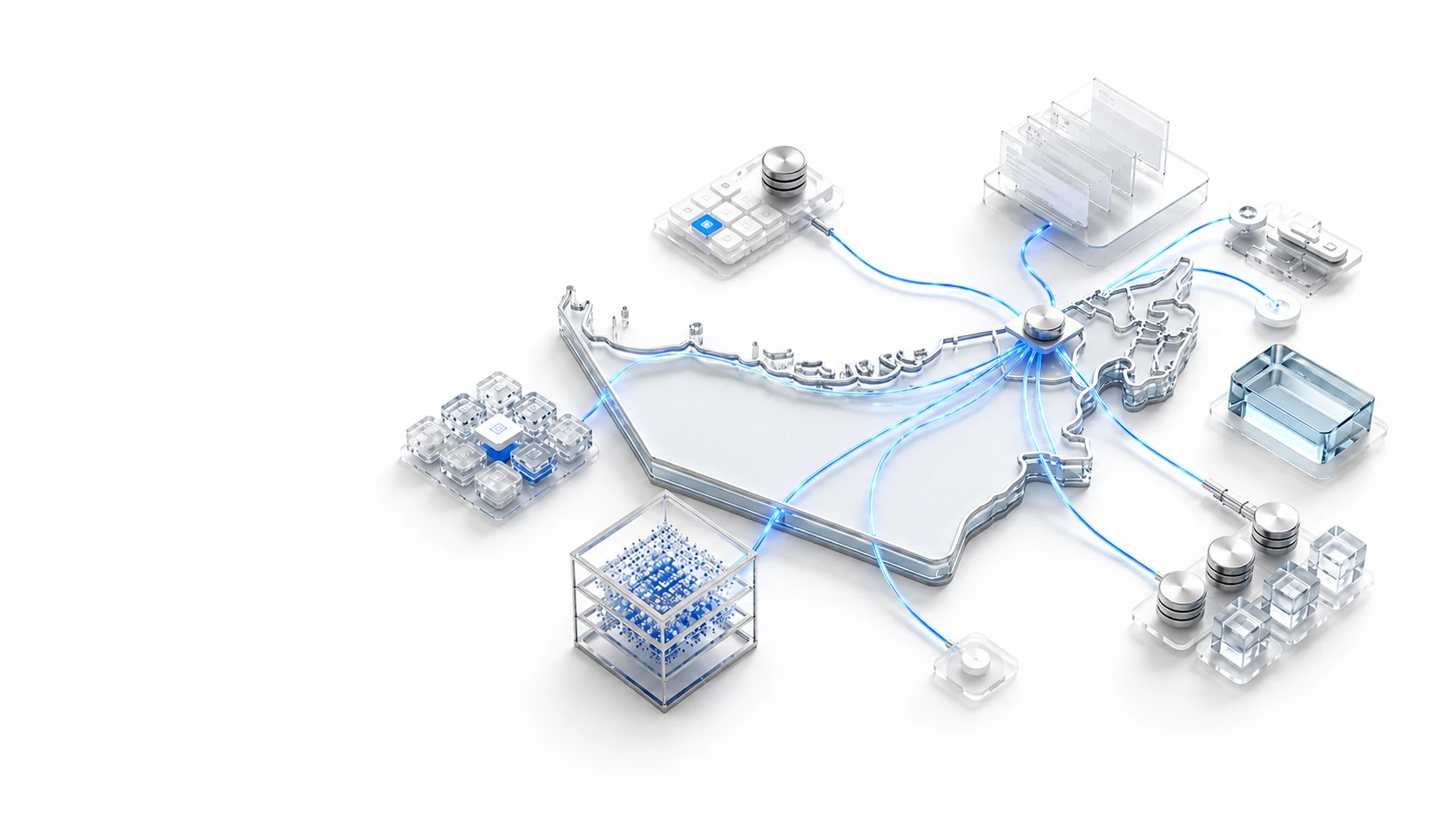 A connected United Arab Emirates software architecture map with cloud, data, and delivery systems