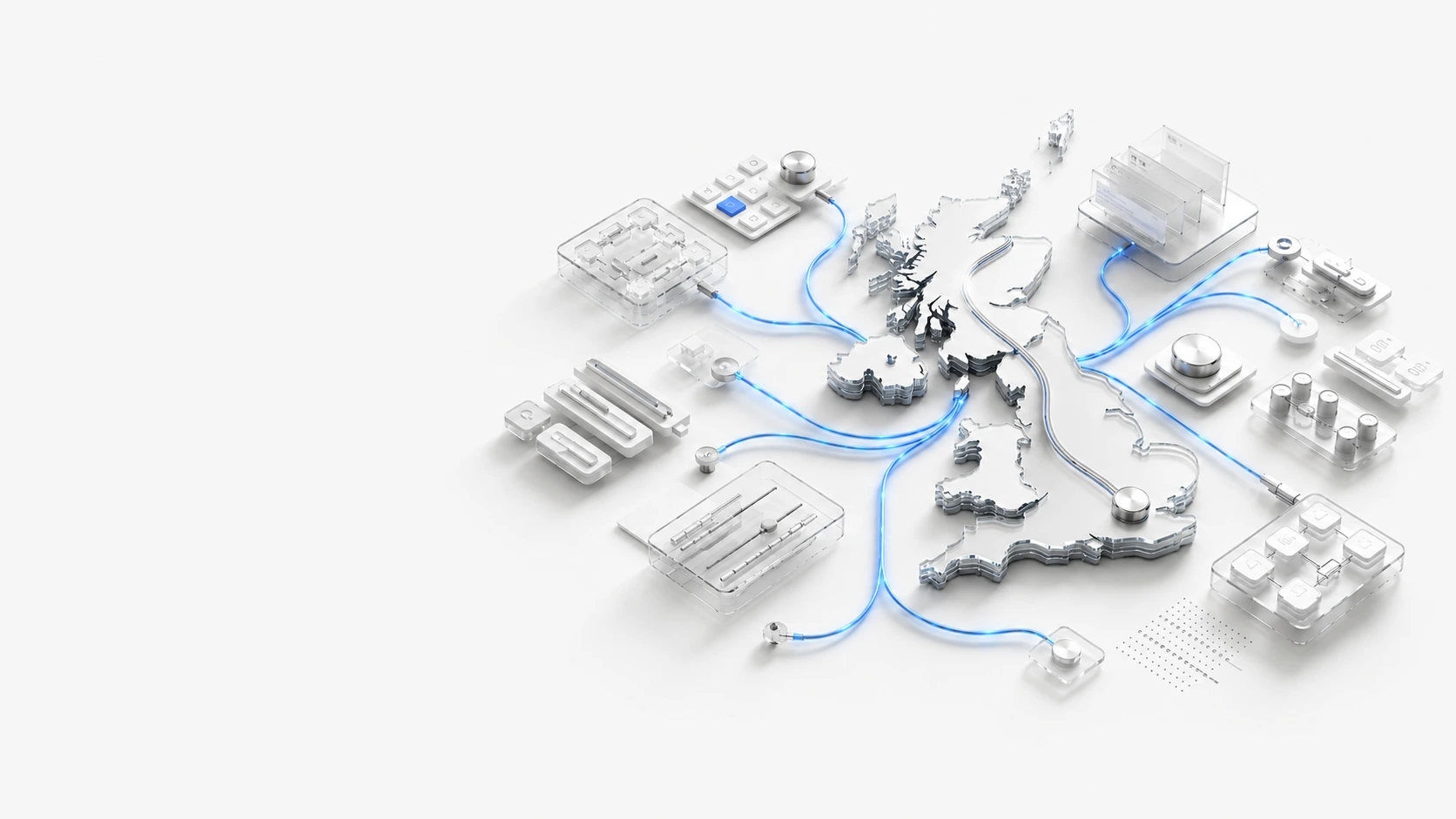 A connected United Kingdom software architecture map with frontend, backend, cloud, and data systems