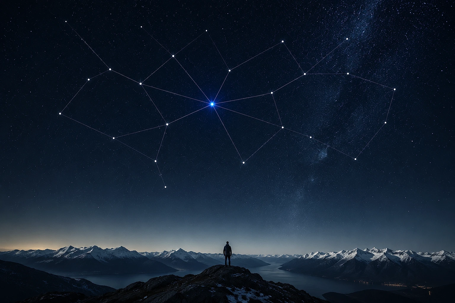 Mountain horizon under a connected constellation representing Imversion services