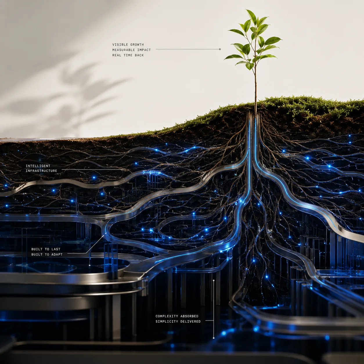 Tree rooted into intelligent infrastructure showing a durable custom software foundation