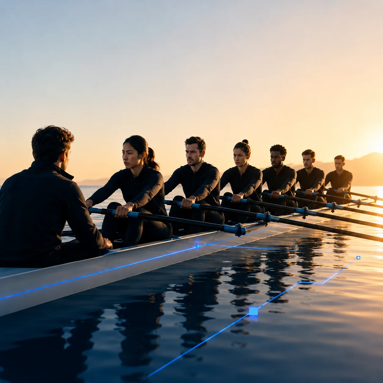 Synchronized rowing team representing coordinated staff augmentation delivery