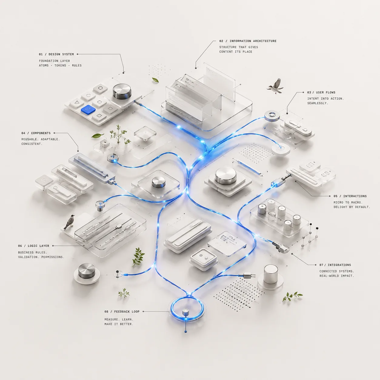 Modular interface system connected by blue user flow paths