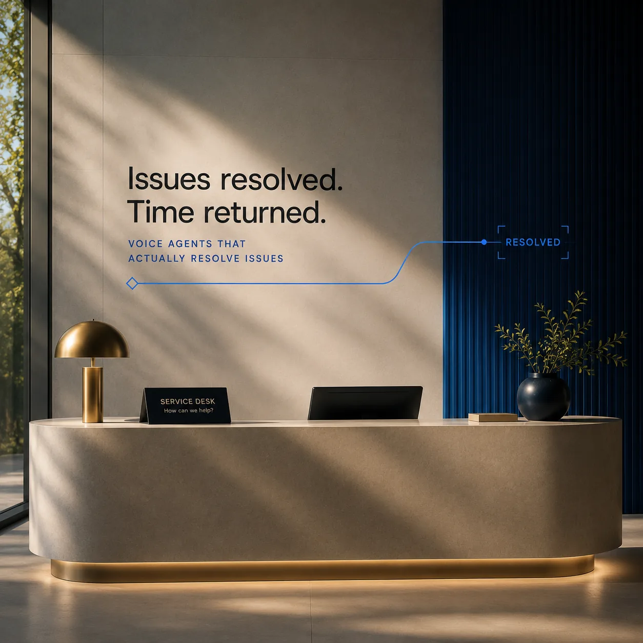 Reception desk with voice agent service display and resolved issue signal