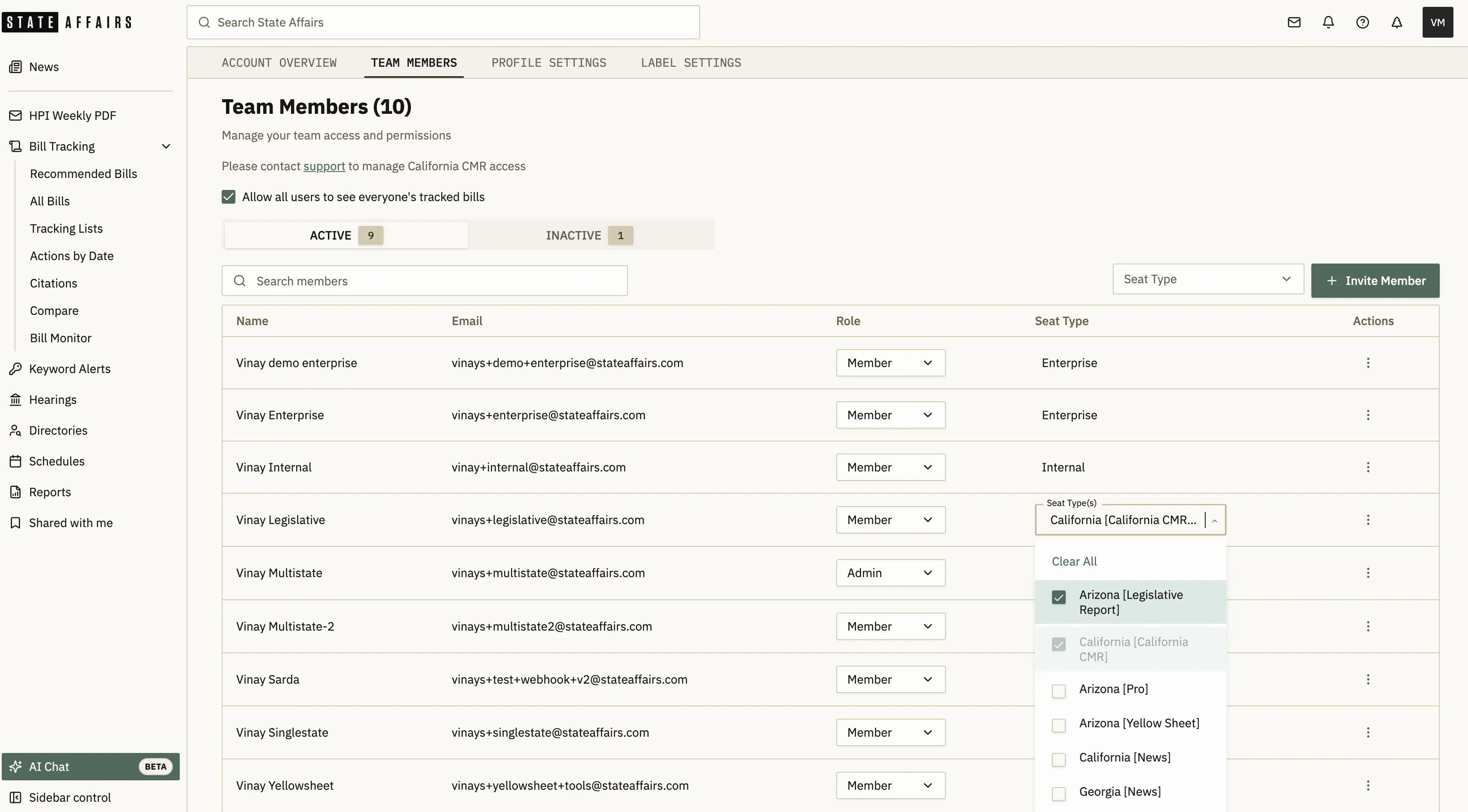 State Affairs platform screen showing multi-state government intelligence tools