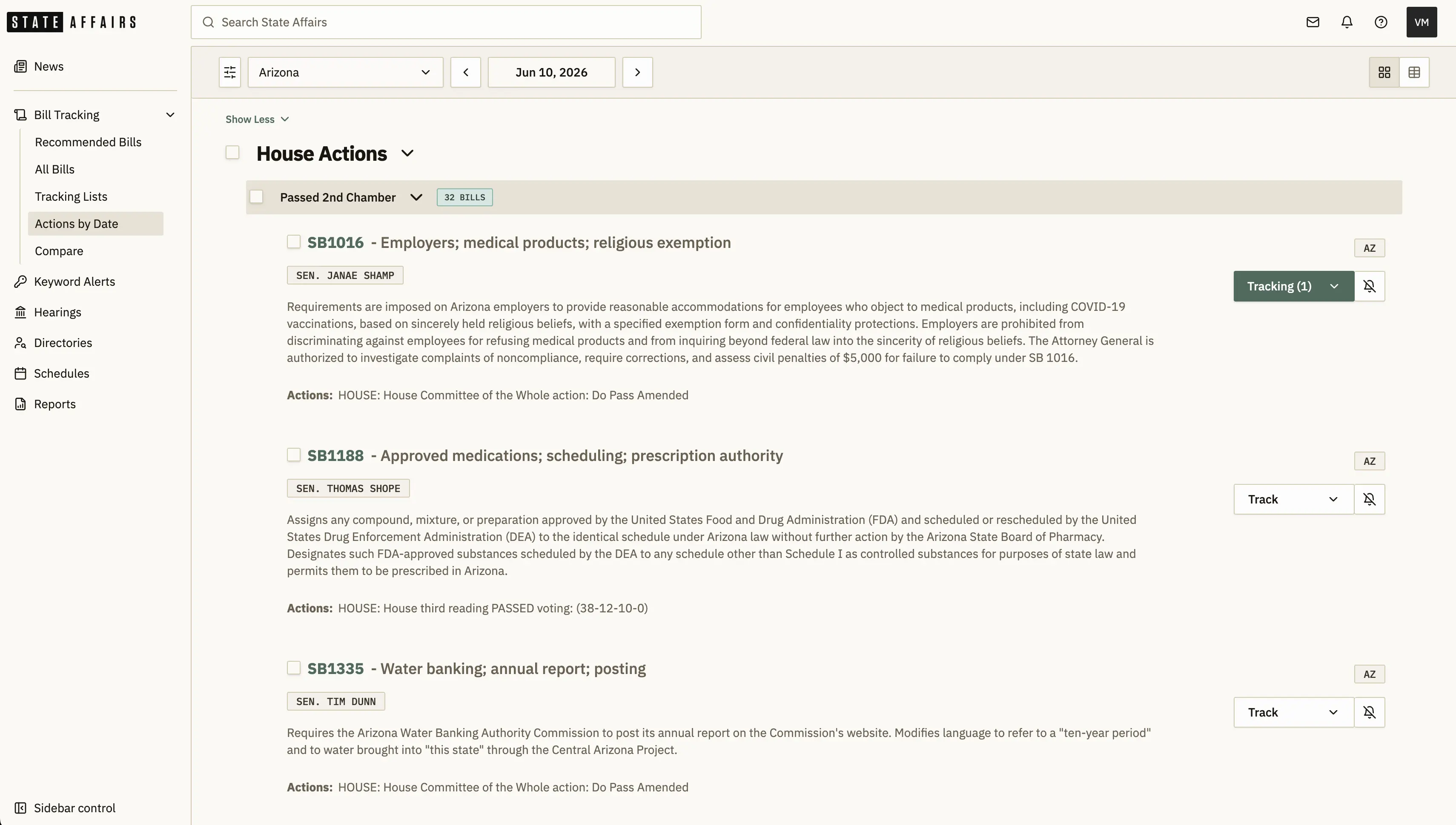 State Affairs platform interface with news, legislative tracking, and policy intelligence