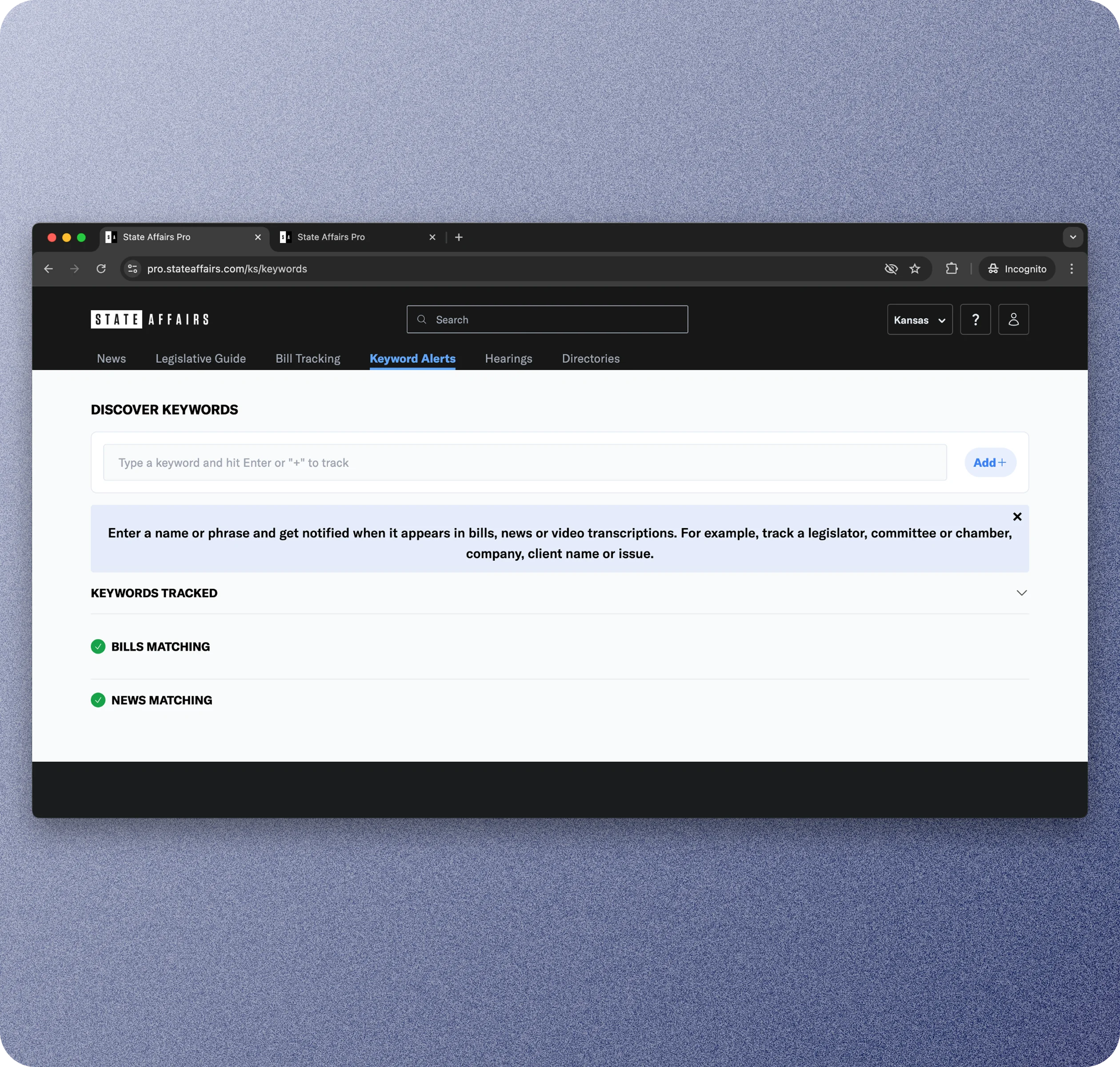 State Affairs keyword alerts feature for tracking bills and news mentions