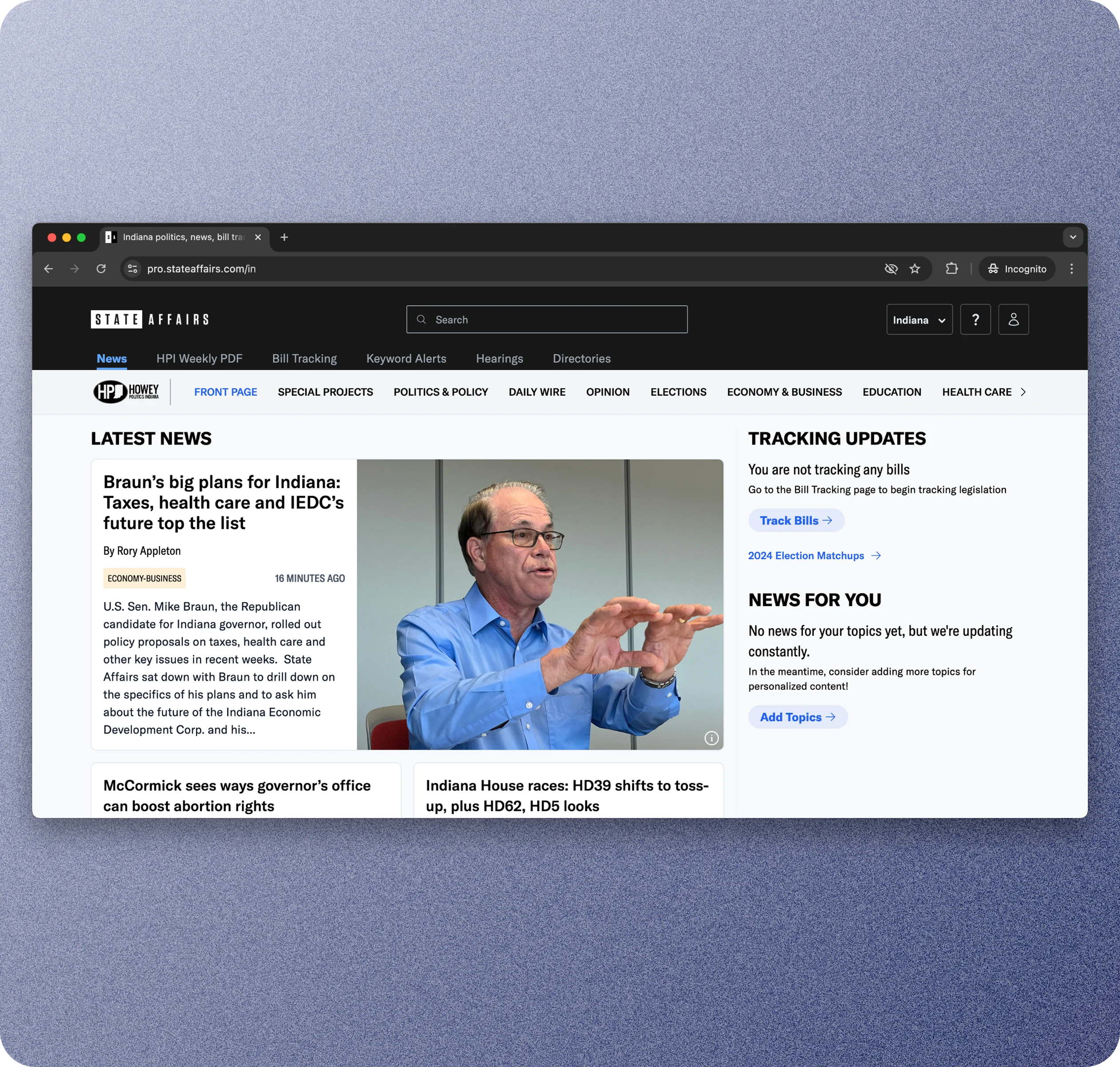 State Affairs Indiana news page with bill tracking and personalized news features