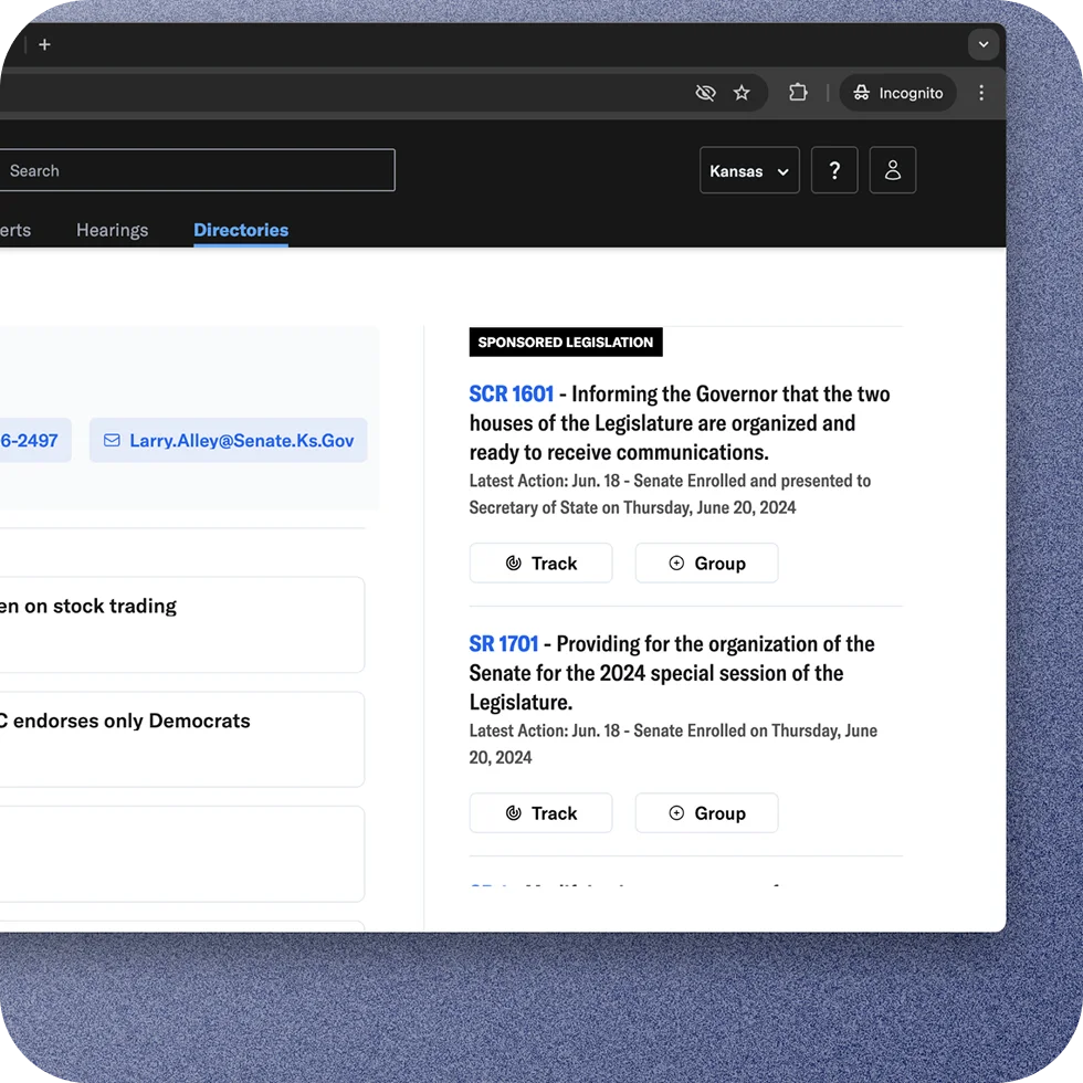 State Affairs Pro dashboard with hearings and keyword alerts features