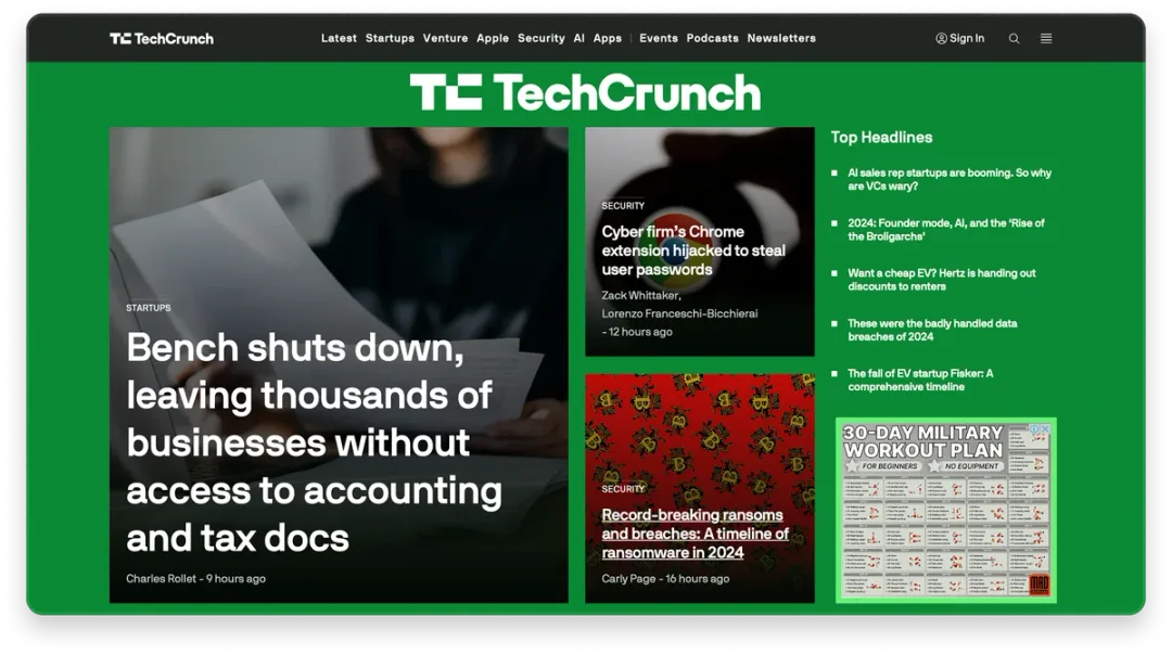 TechCrunch article page with enhanced React.js interface